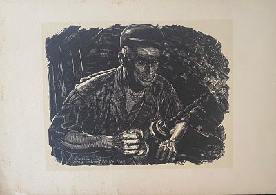 פאבל סטלר Pawel Steller (1895-1974) חיתוך עץ. דיוקן של פועל מכרות. מידות העבודה על נייר: 32X25 ס"מ.