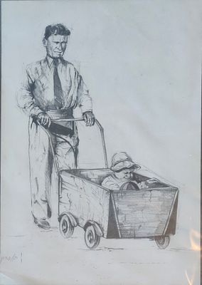 רישום בעפרון. אמן לא ידוע. "אב ותינוק בעגלה". מידות: 31X23 ס"מ.