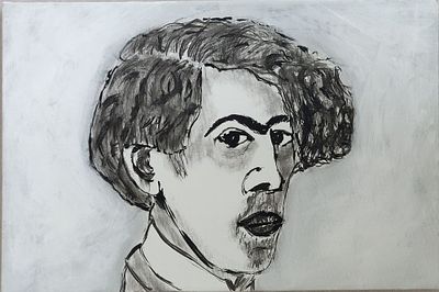 דיוקן של האמן הדגול ראובן רובין. מאת נורי אשל. גואש על בד. חתום מאחור. שחור לבן אפור. מידות: 