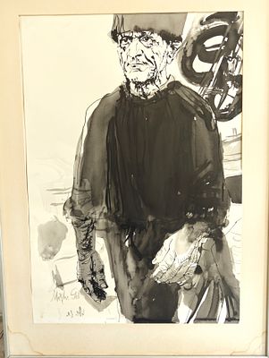 משה גת. אקוורל. חתום. "דמות גבר במלאכתו". ממוסגר במסגרת ישנה מאוד ללא זכוכית. נזקי מים בפספרטו. 