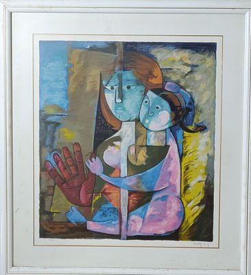 E.N. TALKAN ליטוגרפיה A.P. חתומה בעפרון. "אם ובת". ממוסגר במסגרת תקופתית. מידות: 68X59 ס"מ.