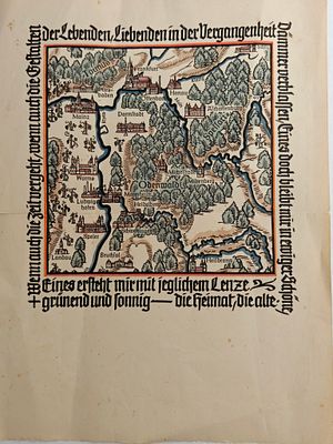 ציור ישן נושן של מפה עתיקה של חבל אודנוואלד ODENWALD בגרמניה. אודנוולד הוא רכס הרים מיוער ואזור 