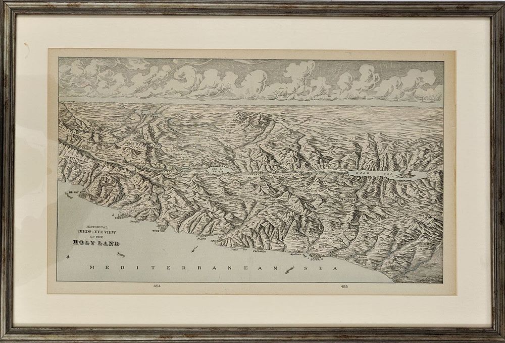 שרטוט טופוגרפי של ארץ הקודש ממבט הציפור. HISTORICAL BIRDS-EYE VIEW OF THE HOLY-LAND. ככל הניראה 
