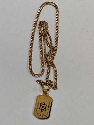 שרשרת עם תליון, שבמרכזו מגן דוד. הכל מוזהב. אורך השרשרת: 60 ס"מ. תליון: 3 ס"מ. מצב כחדש. לא היה 