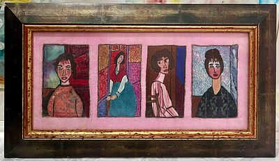 עבודת סריגה צפופה מאד במסגרת אומנותית . מידות עם מסגרת: גובה 31.5 ס״מ, רוחב 54.5 ס״מ