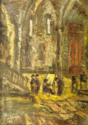 נשים מציירות באולם - ציור ישראלי ישן בצבעי שמן על עץ, אומן לא מזוהה, מידות הציור 45x32 ס"מ 