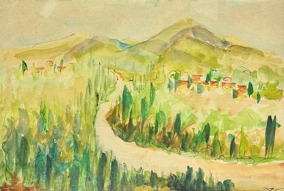 אפרת גינות - נוף, אקוורל על נייר, מידות הציור 37x54 ס"מ, מידות המסגרת 52x70 ס"מ, חתום ומתוארך 