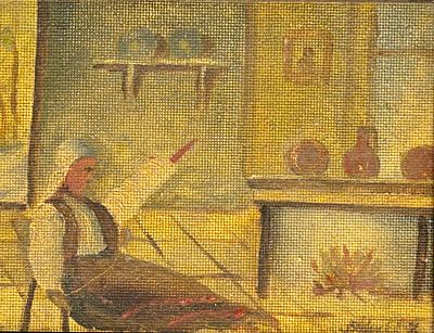 אישה יושבת מול האח - ציור עתיק בצבעי שמן על עץ, אומן לא מזוהה, חתום, מידות הציור 17x22 ס"מ 