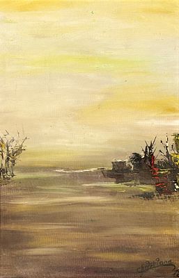 נוף - שמן על בד מוצמד לעץ, אומן לא מזוהה, חתום ומתוארך 1972. מידות הציור 40X26 ס"מ, מידות 