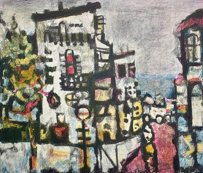 יעקב וכסלר (1912-1995) - נוף בתים, ליטוגרפיה צבעונית חתומה בעפרון וממוספרת 57/200. מידות הציור 