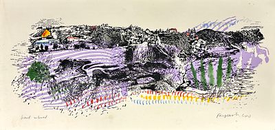 עודד פיינגרש (נ.1938) - הרי ירושלים, ליטוגרפיה צבועה ביד וחתומה בעפרון. 33x70 ס"מ. עודד פיינגרש 