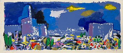 עודד פיינגרש (נ.1938) - מגדל דוד, ליטוגרפיה צבועה ביד וחתמוה בעפרון. 26x60 ס"מ, מוצמדת לנייר עבה.