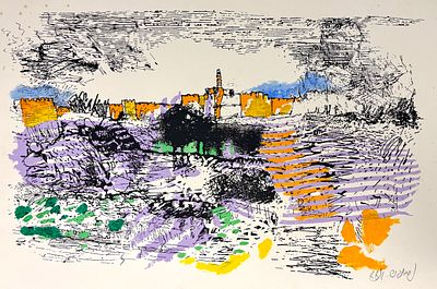 עודד פיינגרש (נ.1938) - מגדל דוד, ליטוגרפיה צבועה ביד וחתומה בעפרון. 44x70 ס"מ, מעט כתמים. עודד 