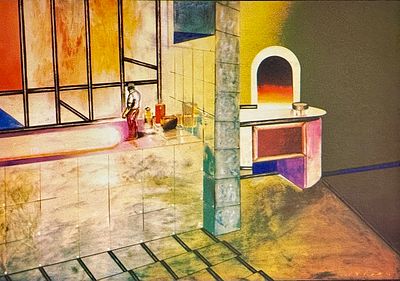 עודד פיינגרש (נ.1938) - חדר אמבטיה, ליטוגרפיה ממוספרת 117/150 חתומה בעפרון. מידות הציור 41x59 