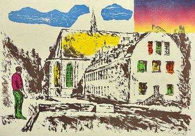 עודד פיינגרש (נ.1938) - חצר בית, ליטוגרפיה צבעונית חתומה בעפרון. 34x49 ס"מ. עודד פיינגרש, צייר. 