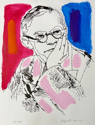 עודד פיינגרש (נ.1938) - זאב ז'בוטינסקי, הדפס על בריסטול צבוע ביד וחתום בעפרון. 70x50 ס"מ, כתם 