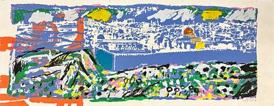 עודד פיינגרש (נ.1938) - הר הבית, ליטוגפריה צבעונית חתומה בעפרון , 26x66 ס"מ. עודד פיינגרש, צייר. 