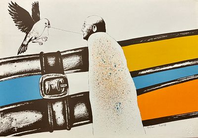 עודד פיינגרש (נ.1938) - איש וציפור, ליטוגרפיה חתומה בעפרון וממוספרת 194/200. 35x50 ס"מ. עודד 