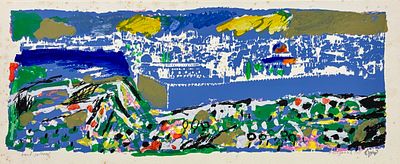 עודד פיינגרש (נ.1938) - הר הבית, ליטוגרפיה צבועה ביד וחתמוה בעפרון. 26x60 ס"מ, מוצמדת לנייר עבה. 