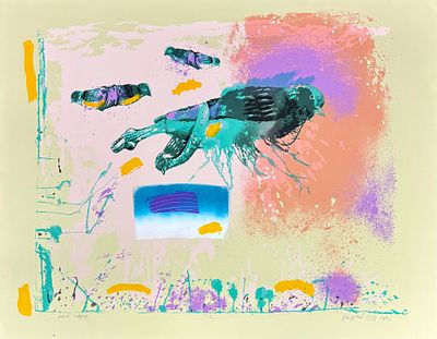 עודד פיינגרש (נ.1938) - יונים, ליטוגרפיה גדולת ממדים צבועה ביד וחתומה בעפרון, 70x90 ס"מ. עודד 