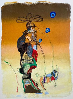 עודד פיינגרש, (נ.1938) - איש עם כלב, הדפס על בריסטול חתום בעפרון וממוספר 31/50. 32x22 ס"מ. עודד 