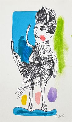 עודד פיינגרש, (נ.1938) - דמות אישה, ליטוגרפיה קטנה חתומה בעפרון וצבועה ביד. 20x12 ס"מ. עודד 