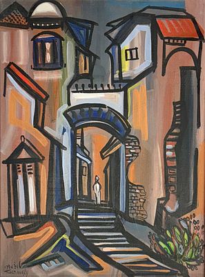 משה טוצ'מסקי - סמטת רחוב, שמן על בד, מידות הציור 39x29 ס"מ, מידות המסגרת 42x32 ס"מ, חתום