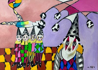 עודד פיינגרש (נ.1938) - 'קירקס', שמן על בד, חתום ומתוארך 2023, 50x70 ס"מ. עודד פיינגרש, צייר. 