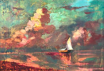 אדוארד שוורצמן - סירת מפרש, שמן על בד, חתום מאחור בראשי תיבות, 35x50 ס"מ