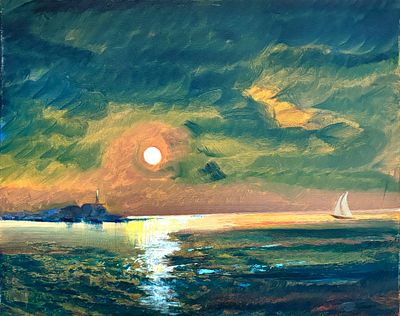 אדוארד שוורצמן - שקיעה בתל אביב, שמן על בד, חתום מאחור בראשי תיבות, 35x50 ס"מ