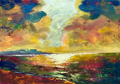 אדוארד שוורצמן - שקיעה בתל אביב, שמן על בד, חתום מאחור בראשי תיבות, 35x50 ס"מ