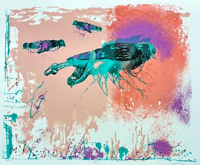 עודד פיינגרש (נ.1938) - יונים, ליטורגפיה גדולת ממדים חתומה בעפרון וממספרת 47/300 . 68x88 ס"מ 