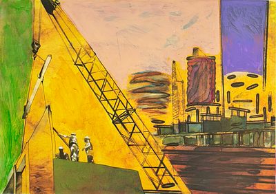 עודד פיינגרש (נ.1938) - פועלי בניין, הדפס ליטוגרפי צבוע ביד וחתום בעפרון. מידות הציור 42x59 ס"מ 