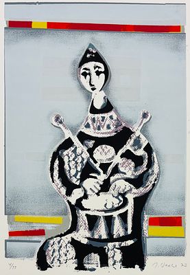 יעקב וכסלר (1912-1995) - ליצן מתופף, ליטוגרפיה צבעונית חתומה בעפרון' מתוארכת 1977 וממוספרת. 