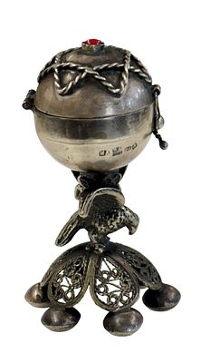 מגדל בשמים עתיק עשוי כסף 84 תוצרת האימפריה הרוסית משנת 1873. משולב עבודת פיליגרן עדינה ומעוצב 