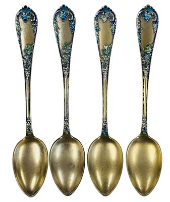 4 כפיות כסף סטרלינג 925 עתיקות עם הזהבה וידיות מעטורות בפרחים צבועים באמייל בעבודת יד, אורך 