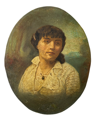 פורטרט אישה - ציור אובלי ישן בצבעי שמן על עץ, אומן לא מזוהה, חתום. 50x40 ס"מ