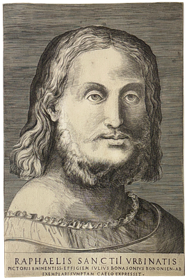 פורטרט הצייר רפאל - תחריט מאת Giulio Bonasone ( איטליה 1498-1576) מידות התחריט 28x18.5 ס"מ 