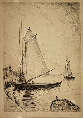 סירות בנמל - תחריט עתיק חתום בעפרון, אומן לא מזוהה. 30x21 ס"מ, נתון בתוך פספרטו
