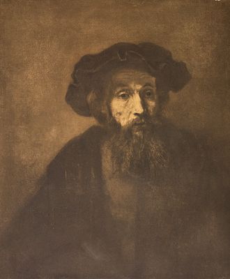 רמברנדט - גבר עם זקן וכובע בארט, רפרודוקציה ישנה נתונה במסגרת עץ איכותית, מידות הציור 48x41 ס"מ 