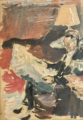 גבר קורא עיתון על כורסה - טכניקה מעורבת על נייר, אומן לא מזוהה. מידות הציור 38x27 ס"מ, מידות 