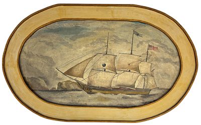 סירת מפרש אמריקאית - ציור עתיק בצבעי שמן על בד מוצמד לעץ, אומן לא מזוהה. מידות הציור 46x85 ס"מ 