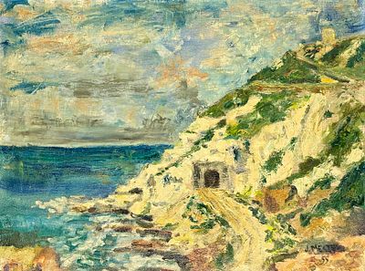 J.Meczes - מנהרה בהר, שמן על בד, חתום ומתוארך 1955, מידות הציור 45x60 ס"מ, מידות המסגרת 67x83 