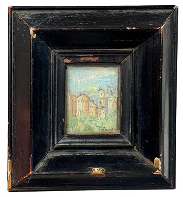 נוף בתים - ציור מיניאטורי ישן בצבעי שמן על נייר, חתום Claudia ולפי התווית מאחור צוייר ברומניה. 