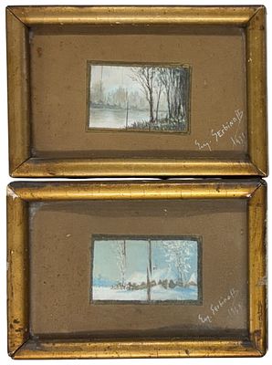 Eug. Serbinoff - זוג ציוריי נוף מיניאטוריים עתיקים בצבעי שמן על נייר. חתומים ומתוארכים 1931. 