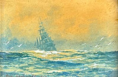 Eug. Serbinoff - סירה בים סוער, ציור מיניאטורי בצבעי מים על נייר. חתום ומתוארך 1930. מידות 