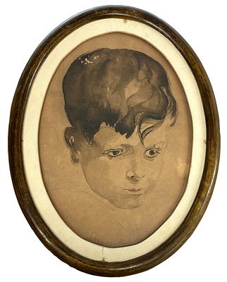 דיוקן ילד - אקוורל על נייר, אומן לא מזוהה, חתום. מידות הציור 20.5x14.5 ס"מ, מידות המסגרת 25x20 ס"מ