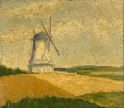 טחנת רוח - שמן על בד, אומן לא מזוהה, חתום ומתוארך 1932. מידות הציור 28x32 ס"מ, מידות המסגרת 