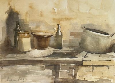 Diana Scott - טבע דומם, אקוורל על נייר. מידות הציור 28x39 ס"מ, מידות המסגרת 49x57 ס"מ