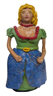 פיגורת קרמיקה גדולה של אישה בשמלה, אומן לא מזהה. ידיים נשברו והודבקו, גובה 37 ס"מ, כבדה